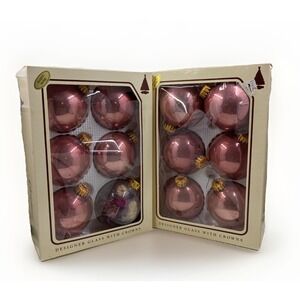 Krebs VTG Dusty Rose Pink " Blush" 12 Ornaments With Gold Crown Caps 2 Boxes Of6